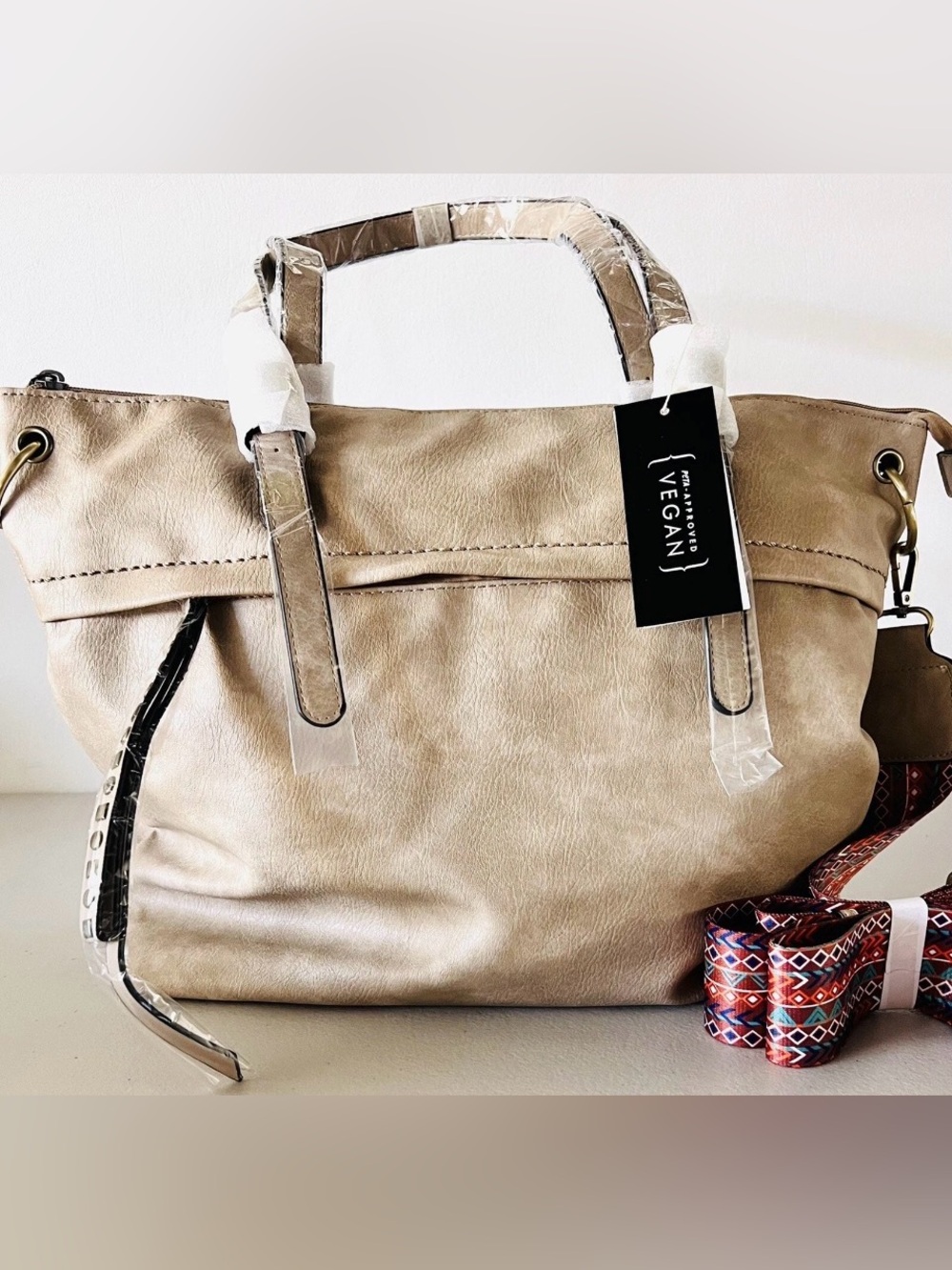 Vegan Tote Bag in Taupe with Top Handles and Guitar Strap